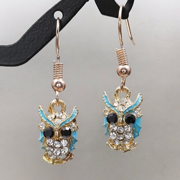 Boutique Jewelry - Gold Rhinestone Owl Drop Earrings